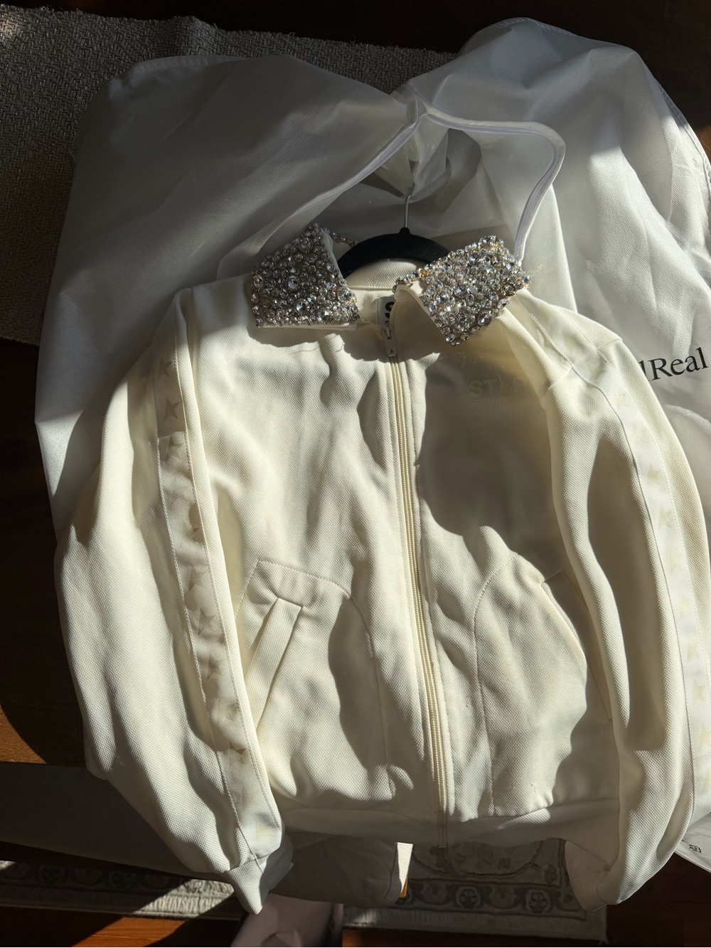 Golden Goose Cream Zip Bomber Jacket with Jeweled Collar